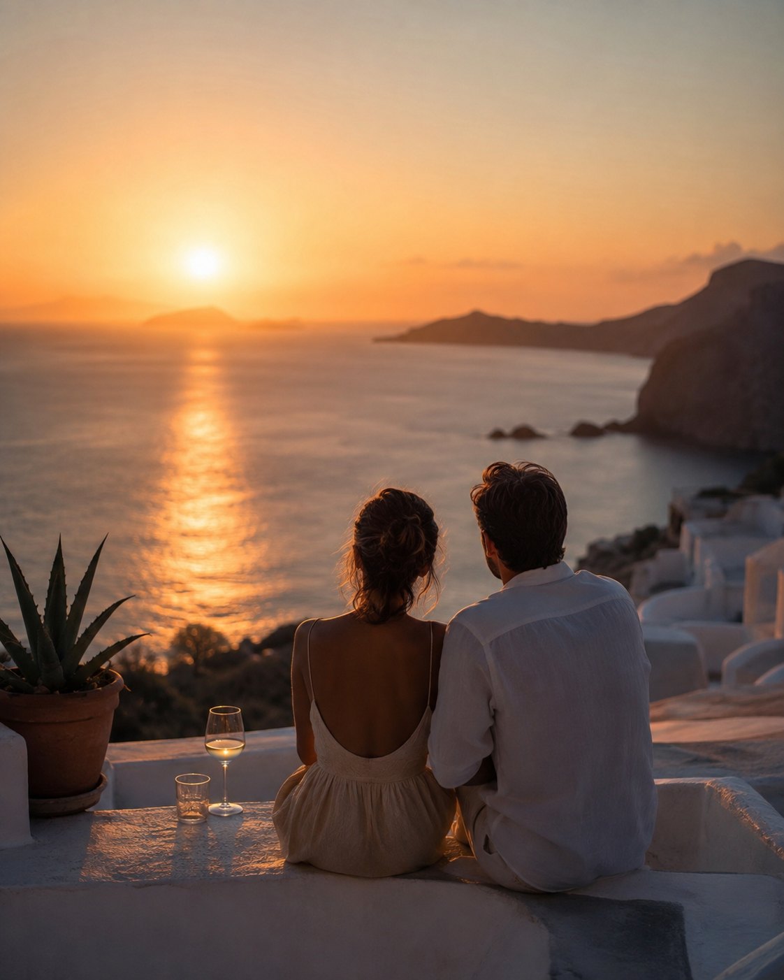 Pareja contemplando un atardecer durante un viaje